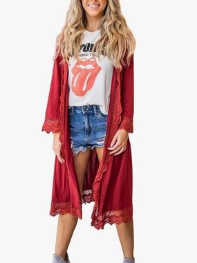 Tickled Teal - Crimson Crochet Trim Open Cardigan ♥️